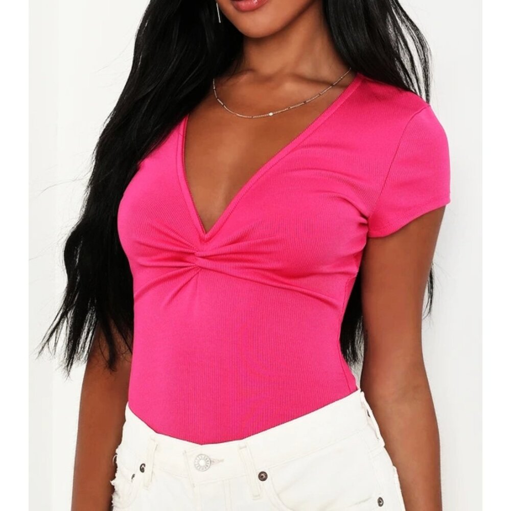 Lulus Clearly Charming Ribbed Twist-Front V-Neck Hot Pink Shiny Ruched Stretchy